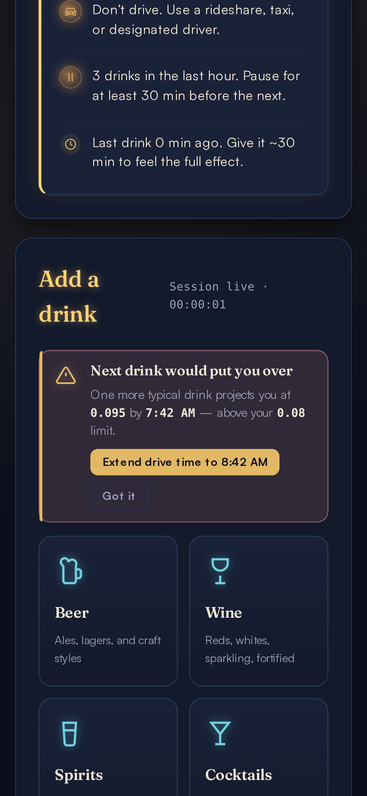Danger zone banner warning that the next drink will exceed the legal limit by 7:42 AM with an extend drive time button