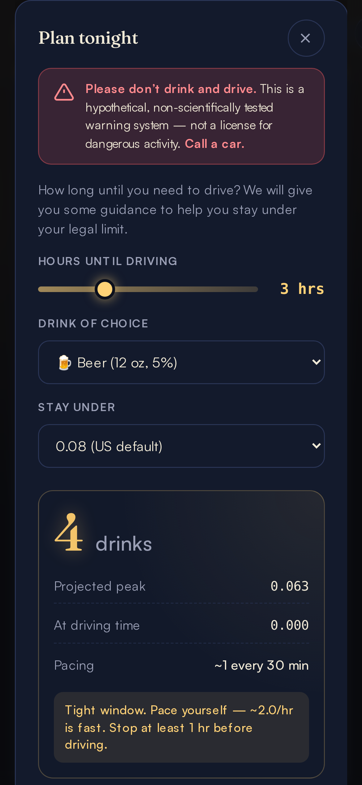 Plan tonight screen showing hours until driving slider, drink selection, projected peak BAC, and pacing recommendation